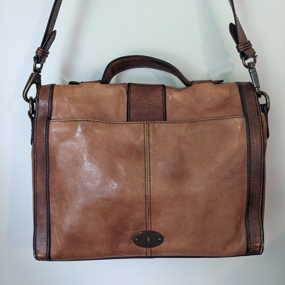 Fossil Two Tone Brown Leather Briefcase Messenger Tote Large Laptop Bag - Picture 5 of 8
